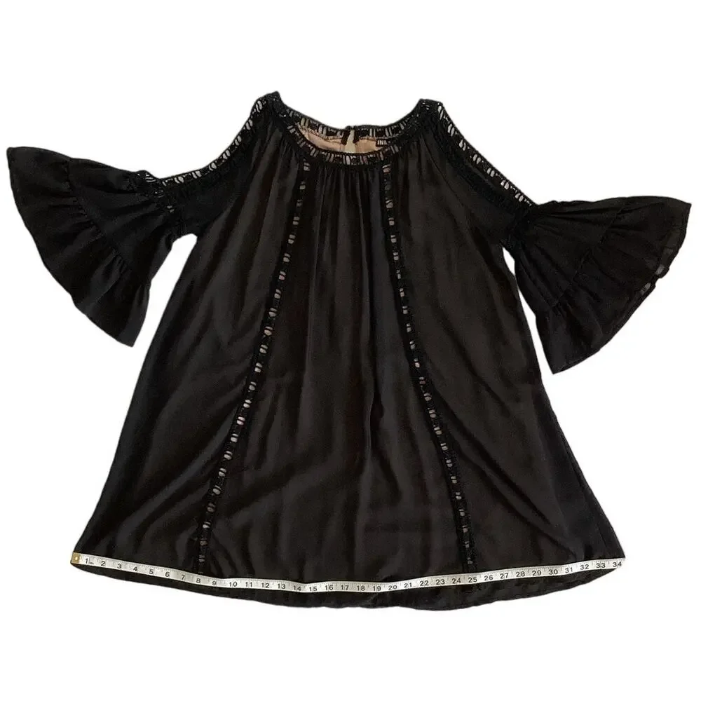 INA Cold Shoulder Bell‎ Sleeve Crochet Mini Shift Dress Black S
